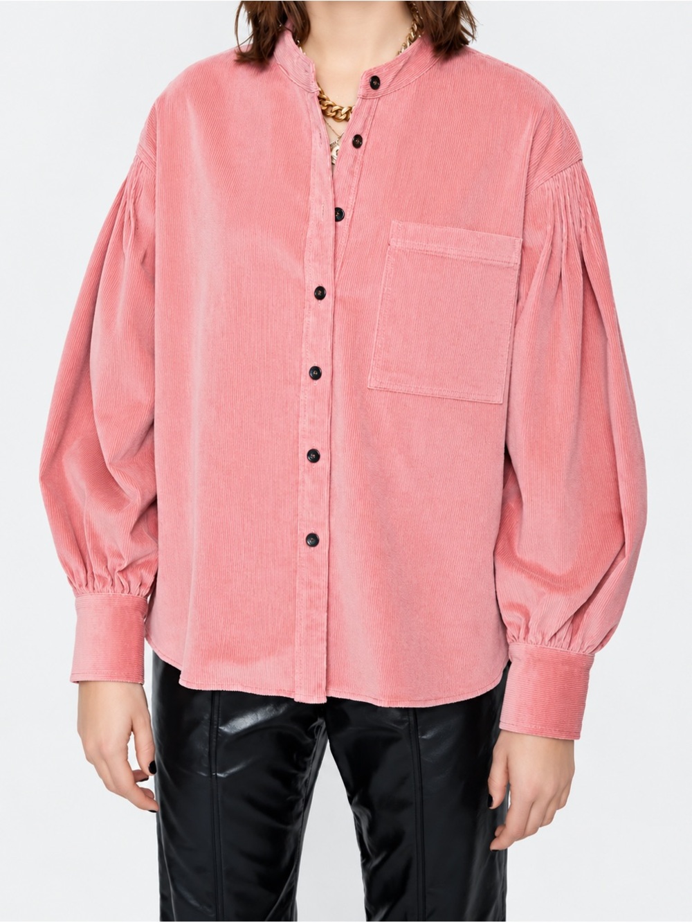 Rebecca Minkoff Nellie Corduroy Shirt XS Pink Oversized Balloon Sleeve Button Up